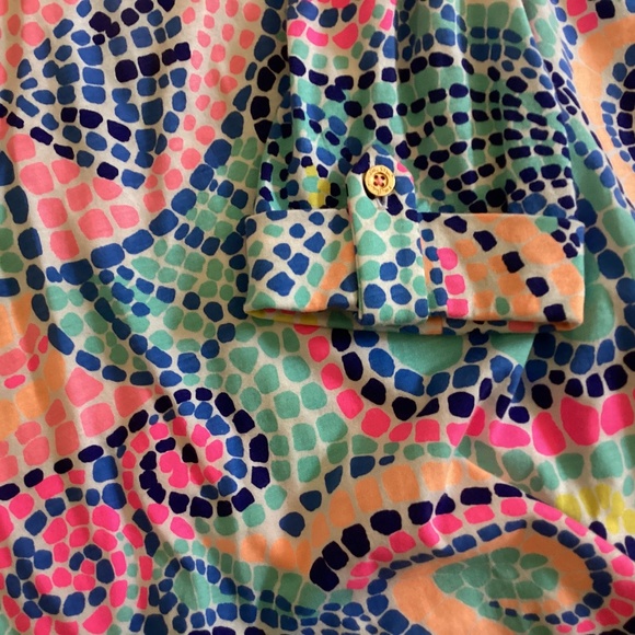 Lilly Pulitzer Edna Swing Dress Tile Wave Reduced Multi Asymmetrical Hem 3/4 Slv - Picture 9 of 13